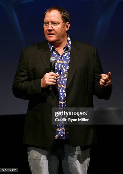 Chief Creative Officer of Pixar and Disney Animation Studios, John Lasseter speaks onstage at the Disney/Pixar screening of "Toy Story 3" during...