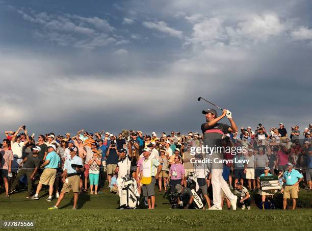 Webb Simpson hits off the 18th tee during the third round of THE PLAYERS Championship on THE PLAYERS Stadium Course at TPC Sawgrass on May 12, 2018...
