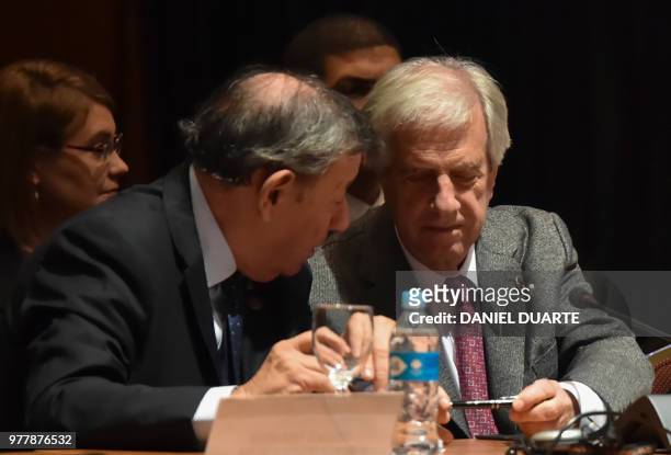 Uruguayan President Tabare Vazquez and his Foreign Minister Rodolfo Nin Novoa attend the Mercosur Summit in Luque, Paraguay, on June 18, 2018. -...