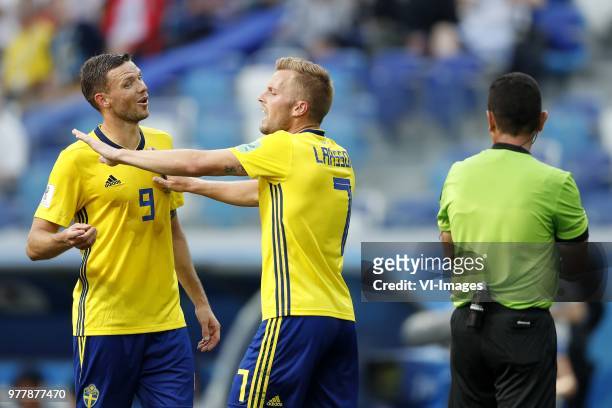 Marcus Berg of Sweden, Sebastian Larsson of Sweden, referee Joel Aguilar during the 2018 FIFA World Cup Russia group F match between Sweden and Korea...