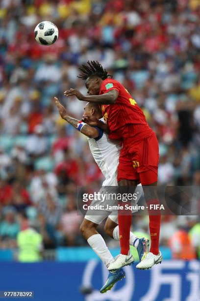 Blas Perez of Panama and Dedryck Boyata of Belgium battle for the header during the 2018 FIFA World Cup Russia group G match between Belgium and...