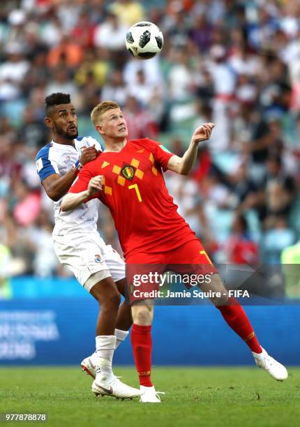 Blas Perez of Panama challenge for the ball with Kevin De Bruyne of Belgium during the 2018 FIFA World Cup Russia group G match between Belgium and...