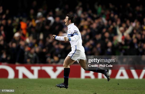 Javier Zanetti of Inter Milan celebrates the goal scored by Samuel Eto'o of Inter Milan during the UEFA Champions League Round of 16 second leg match...