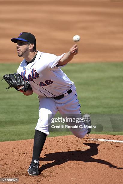 Pitcher Oliver Perez of the New York Mets pitches to the Detroit Tigers at Tradition Field on March 13, 2010 in Port St. Lucie, Florida.