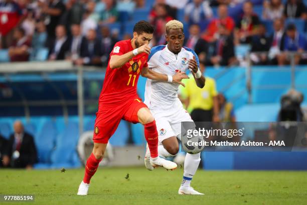 Yannick Carrasco of Belgium vies for possession with Michael Murillo of Panama during the 2018 FIFA World Cup Russia group G match between Belgium...