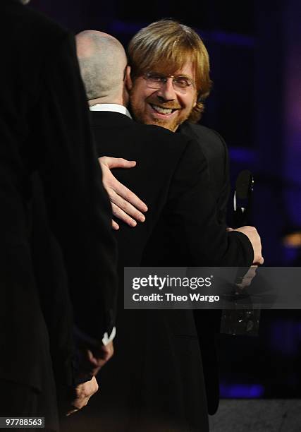 Inductee Phil Collins of Genesis and Trey Anastasio speak onstage at the 25th Annual Rock and Roll Hall of Fame Induction Ceremony at Waldorf=Astoria...