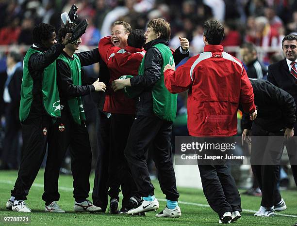 Head Coach Leonid Slutsky of CSKA Moscow celebrates at the end of the UEFA Champions League round of sixteen second leg match between Sevilla and...