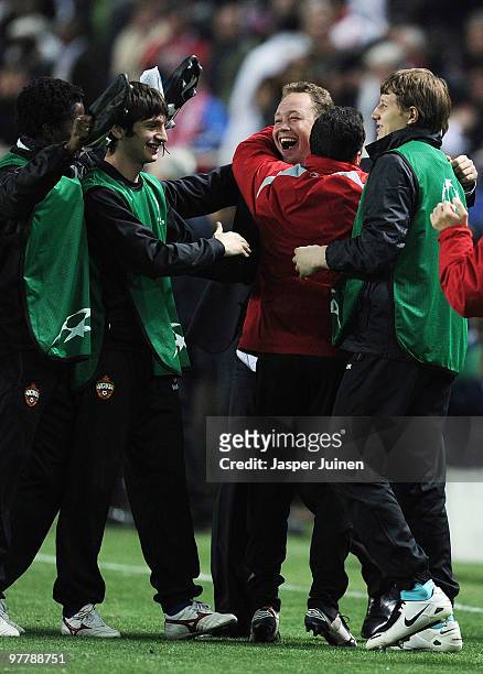 Head Coach Leonid Slutsky of CSKA Moscow celebrates at the end of the UEFA Champions League round of sixteen second leg match between Sevilla and...