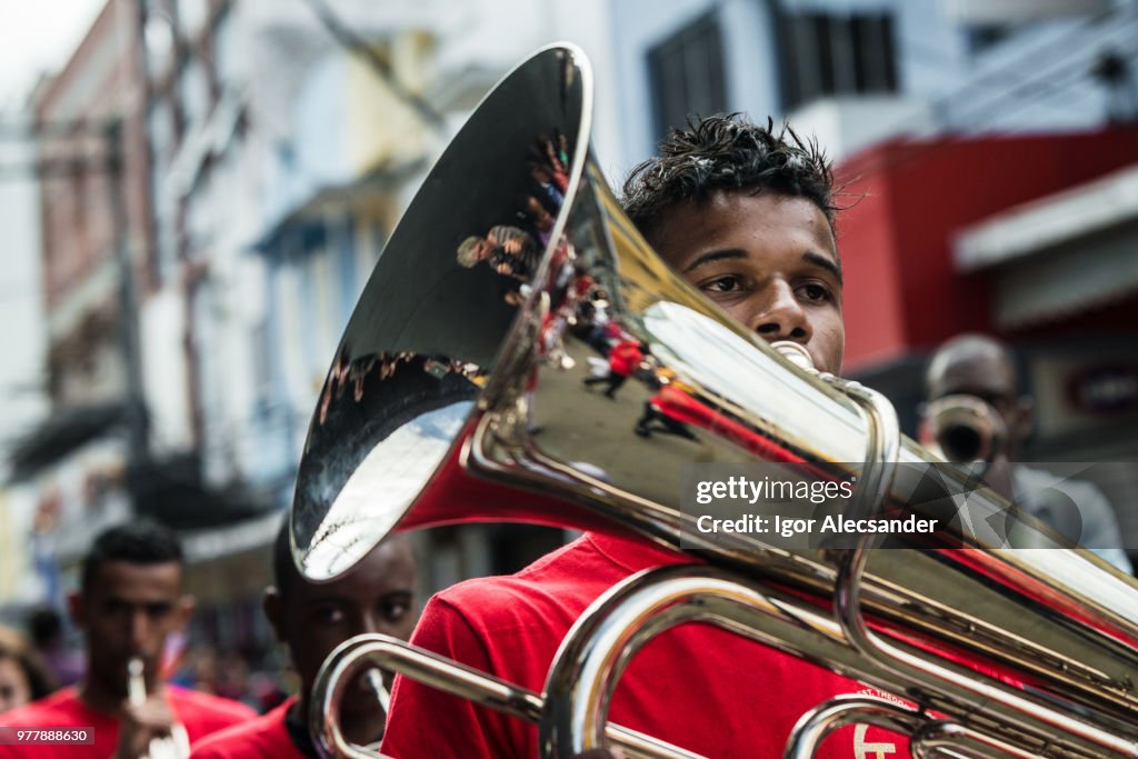 Musician playing trombone, fanfare band, Brazil