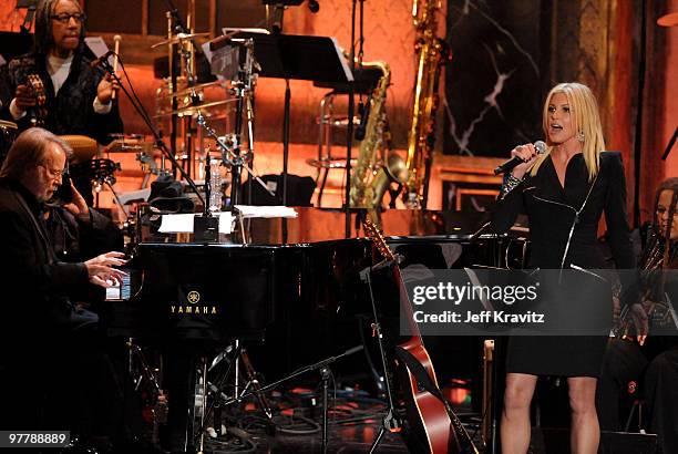 Musician Benny Andersson of ABBA and singer Faith Hill perform onstage at the 25th Annual Rock and Roll Hall of Fame Induction Ceremony at the...