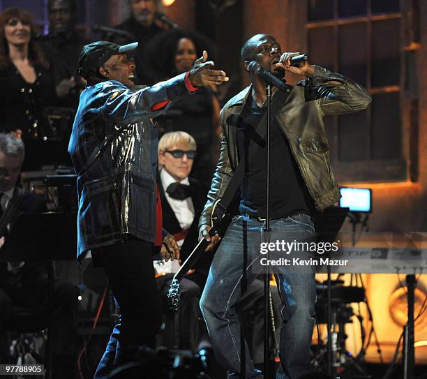 Jimmy Cliff and Wyclef Jean perform on stage at the 25th Annual Rock and Roll Hall of Fame Induction Ceremony at The Waldorf=Astoria on March 15,...