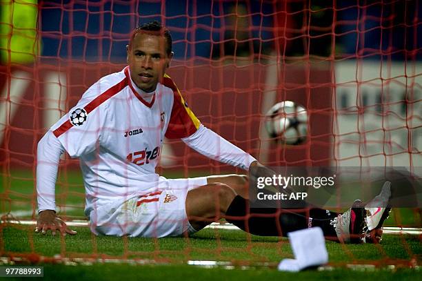 SevillaSevilla's Brazilian forward Luis Fabiano reacts during a UEFA Champions League football match CSKA Moscow on March 16, 2010 at Ramon Sanchez...