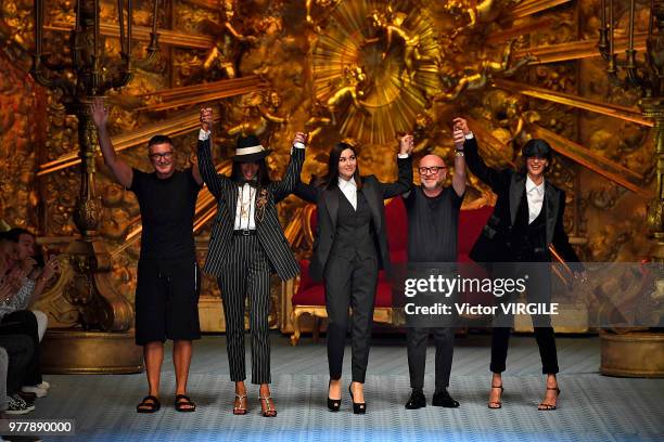 Stefano Gabbana, Naomi Campbell, Monica Bellucci, Domenico Dolce and Marpessa Hennink walk the runway at the Dolce & Gabbana fashion show during...