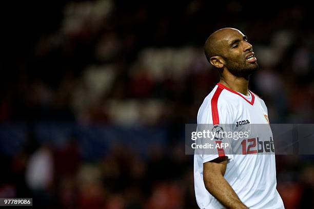 Sevilla's Malian forward Frederic Kanoute reacts during a UEFA Champions League football match CSKA Moscow on March 16, 2010 at Ramon Sanchez Pizjuan...