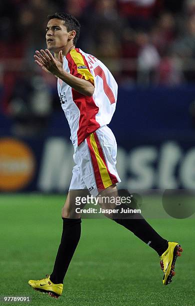 Jesus Navas of Sevilla reacts during the UEFA Champions League round of sixteen second leg match between Sevilla and CSKA Moscow at the Estadio Ramon...