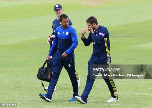 Hampshire's Rilee Rossouw is struck in the face and taken off the field during the Royal London One Day Cup, semi final at The Ageas Bowl,...