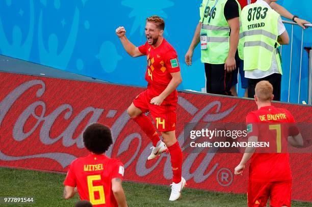 Belgium's forward Dries Mertens celebrates after scoring the opening goal during the Russia 2018 World Cup Group G football match between Belgium and...