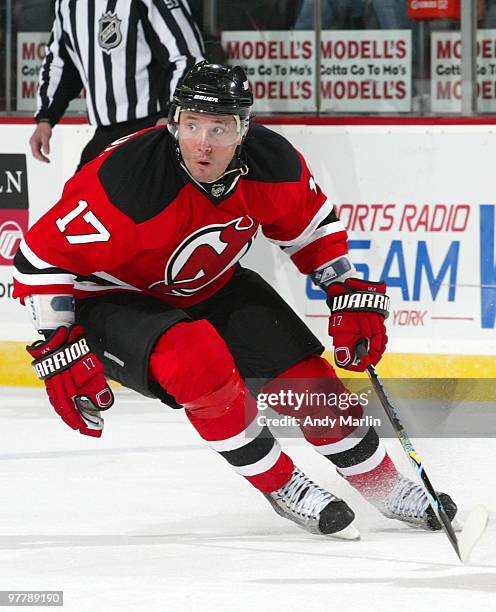 Ilya Kovalchuk of the New Jersey Devils skates against the Boston Bruins during the game at the Prudential Center on March 15, 2010 in Newark, New...