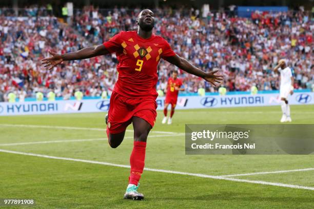 Romelu Lukaku of Belgium celebrates after scoring his team's third goal during the 2018 FIFA World Cup Russia group G match between Belgium and...