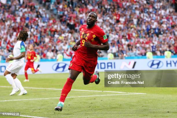 Romelu Lukaku of Belgium celebrates after scoring his team's third goal during the 2018 FIFA World Cup Russia group G match between Belgium and...