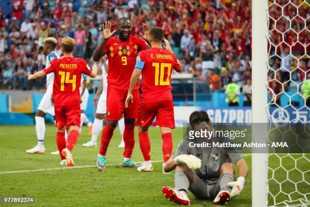 Romelu Lukaku of Belgium celebrates scoring a goal to make it 2-0 as Jaime Penedo of Panama looks dejected during the 2018 FIFA World Cup Russia...