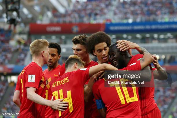 Romelu Lukaku of Belgium celebrates with teammates after scoring his team's third goal during the 2018 FIFA World Cup Russia group G match between...