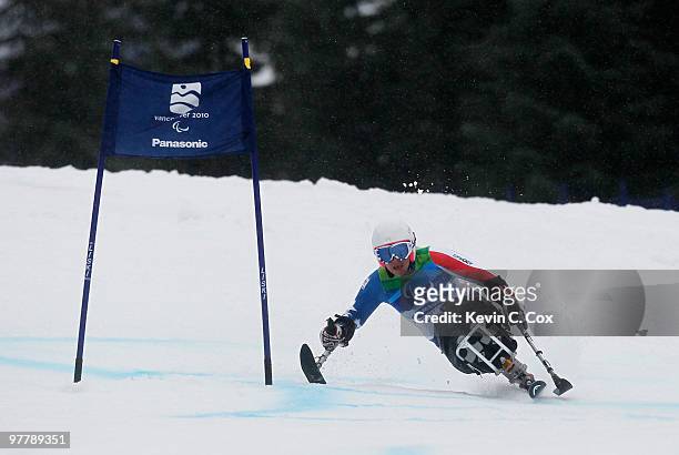 Alana Nichols of USA competes in the Women's Sitting Giant Slalom during Day 5 of the 2010 Vancouver Winter Paralympics at Whistler Creekside on...