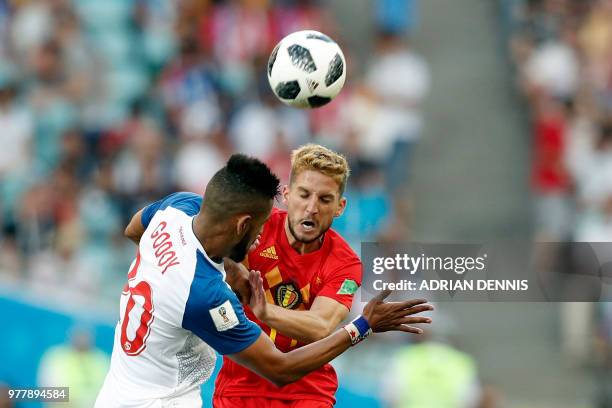 Panama's midfielder Anibal Godoy challenges Belgium's forward Dries Mertens during the Russia 2018 World Cup Group G football match between Belgium...