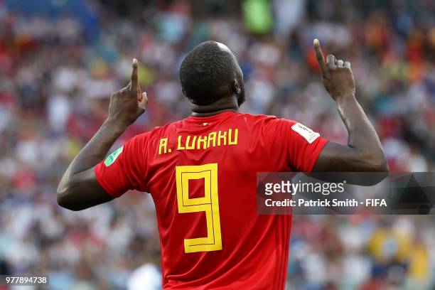 Romelu Lukaku of Belgium celebrates after scoring his team's second goal during the 2018 FIFA World Cup Russia group G match between Belgium and...