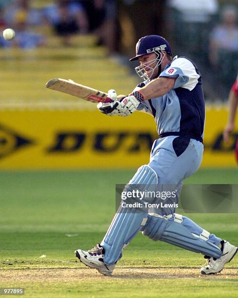 New South Wales batsman Michael Slater hits Paul Wilson for 6 in the Mercantile Mutual Cup match between South Australia and New South Wales held at...