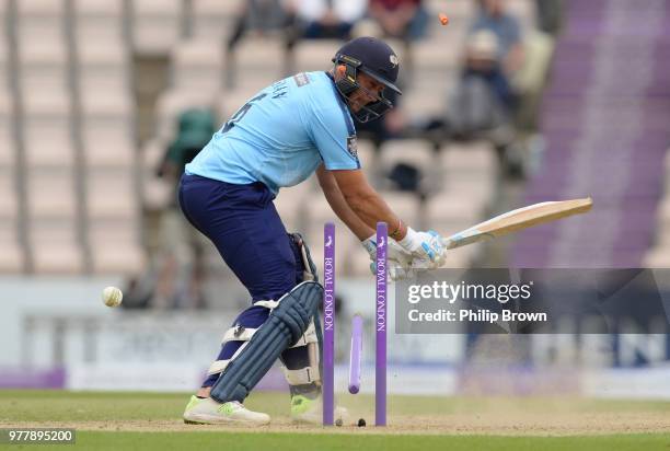 Tim Bresnan of Yorkshire Vikings is bowled by Chris Wood of Hampshire during the Royal London One-Day Cup Semi-Final match between Hampshire and...