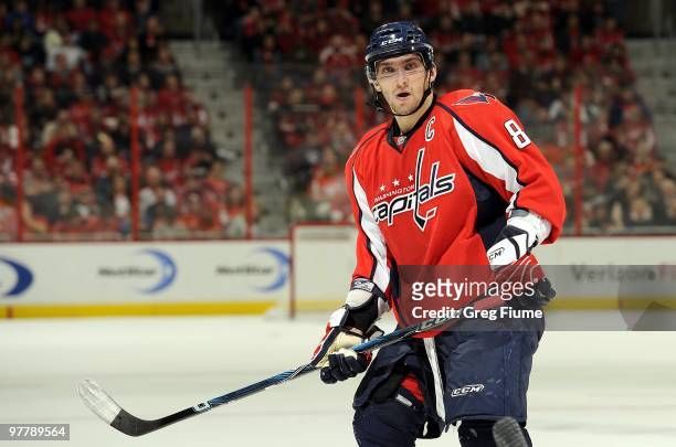 Alex Ovechkin of the Washington Capitals skates down the ice against the Tampa Bay Lightning on March 12, 2010 at the Verizon Center in Washington,...