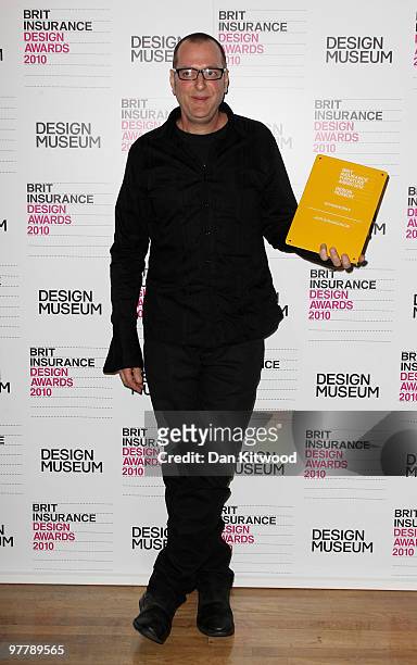 Jair Straschnow celebrates winning the Furniture category at the Brit Insurance Design Awards at the Design Museum on March 16, 2010 in London,...