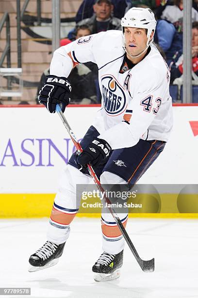 Defenseman Jason Strudwick of the Edmonton Oilers skates against the Columbus Blue Jackets on March 15, 2010 at Nationwide Arena in Columbus, Ohio.