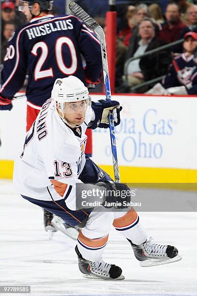 Forward Andrew Cogliano of the Edmonton Oilers skates against the Columbus Blue Jackets on March 15, 2010 at Nationwide Arena in Columbus, Ohio.
