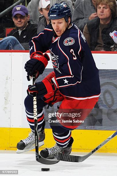 Defenseman Marc Methot of the Columbus Blue Jackets skates with the puck against the Edmonton Oilers on March 15, 2010 at Nationwide Arena in...