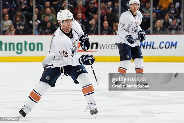 Forward Sam Gagner of the Edmonton Oilers skates with the puck against the Columbus Blue Jackets on March 15, 2010 at Nationwide Arena in Columbus,...