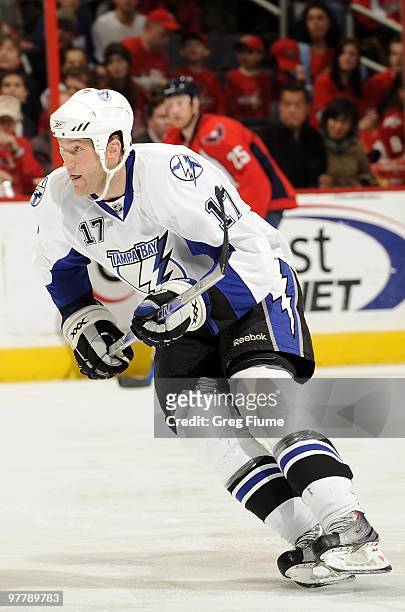 Todd Fedoruk of the Tampa Bay Lightning skates down the ice against the Washington Capitals on March 12, 2010 at the Verizon Center in Washington,...