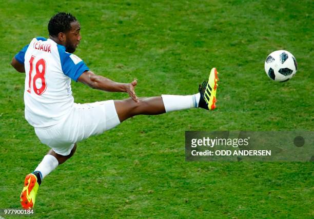 Panama's forward Luis Tejada tries to control the ball during the Russia 2018 World Cup Group G football match between Belgium and Panama at the...