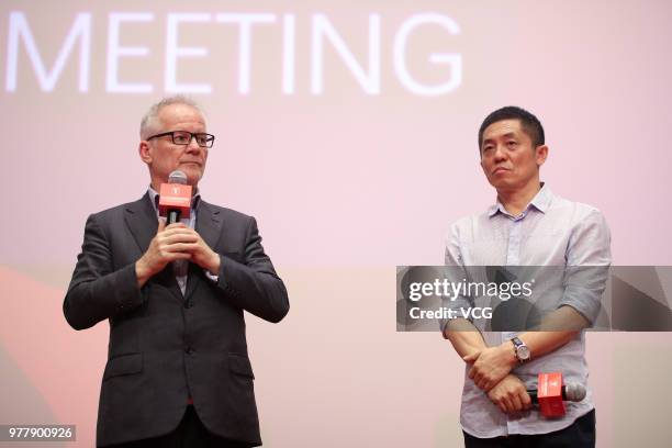 Cannes Film Festival Director Thierry Fremaux and Road Pictures CEO Cai Gongming attend a meeting of film 'Capharnaum' during the 21st Shanghai...