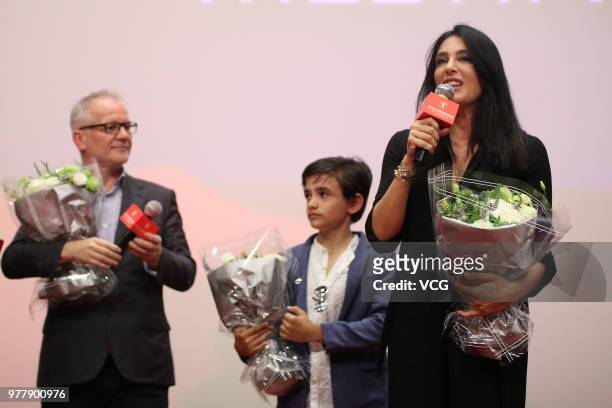 Cannes Film Festival Director Thierry Fremaux, actor Zain Alrafeea and director Nadine Labaki attend a meeting of film 'Capharnaum' during the 21st...