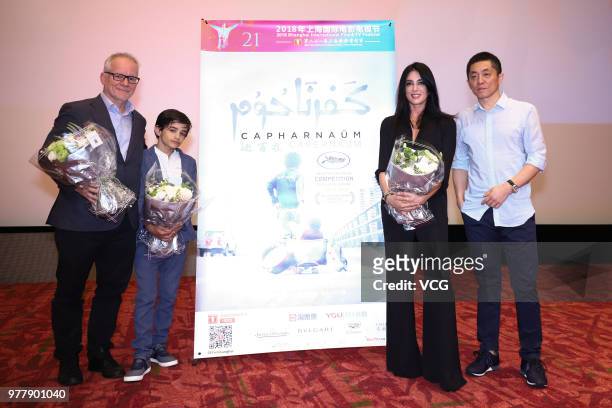 Cannes Film Festival Director Thierry Fremaux, actor Zain Alrafeea, director Nadine Labaki and Road Pictures CEO Cai Gongming attend a meeting of...