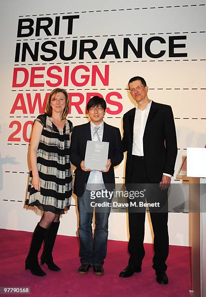 Winner Min-Kyu Choi with Sarah Montague and Antony Gormley attend the Brit Insurance Design Awards at the Design Museum on March 16, 2010 in London,...