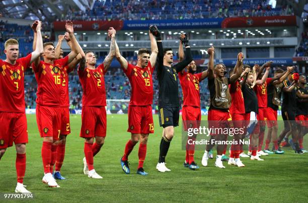 Belgium players acknowledges the fans following the 2018 FIFA World Cup Russia group G match between Belgium and Panama at Fisht Stadium on June 18,...