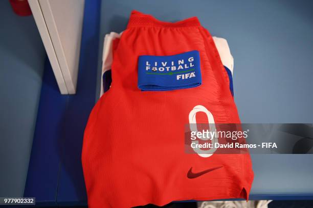 Kit of Harry Kane in the England dressing room prior to the 2018 FIFA World Cup Russia group G match between Tunisia and England at Volgograd Arena...