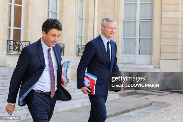 French Government's Spokesperson Benjamin Griveaux and French Economy Minister Bruno Le Maire leave following the weekly Cabinet meeting on June 18,...