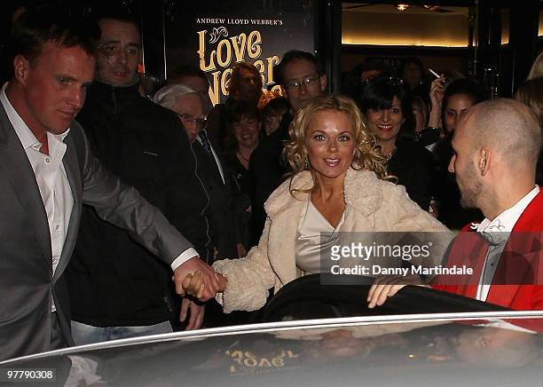 Geri Halliwell and Henry Beckwith is seen leaving 'Love Never Dies' at the Adelphi Theatre on March 16, 2010 in London, England.