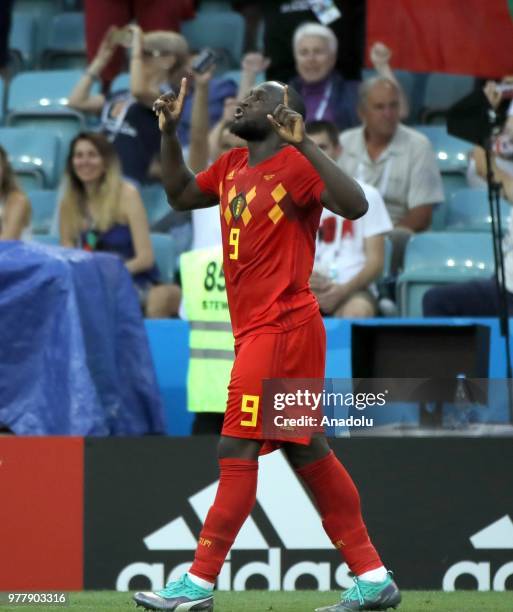 Romelu Lukaku of Belgium celebrates after scoring a goal during the 2018 FIFA World Cup Russia Group G match between Belgium and Panama at the Fisht...