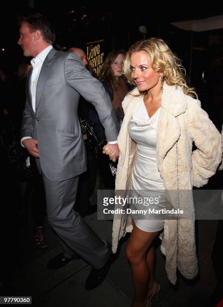 Geri Halliwell and Henry Beckwith is seen leaving 'Love Never Dies' at the Adelphi Theatre on March 16, 2010 in London, England.
