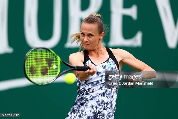 Magdalena Rybarikova of Slovakia plays a forehand during her round of 32 match against Karolina Pliskova of the Czech Republic during day three of...